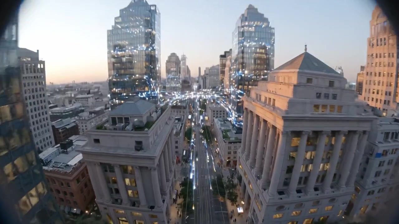 Scena urbana dinamica con architettura moderna, persone e passerelle illuminate che mostrano la vita cittadina al tramonto in un'atmosfera metropolitana vibrante.