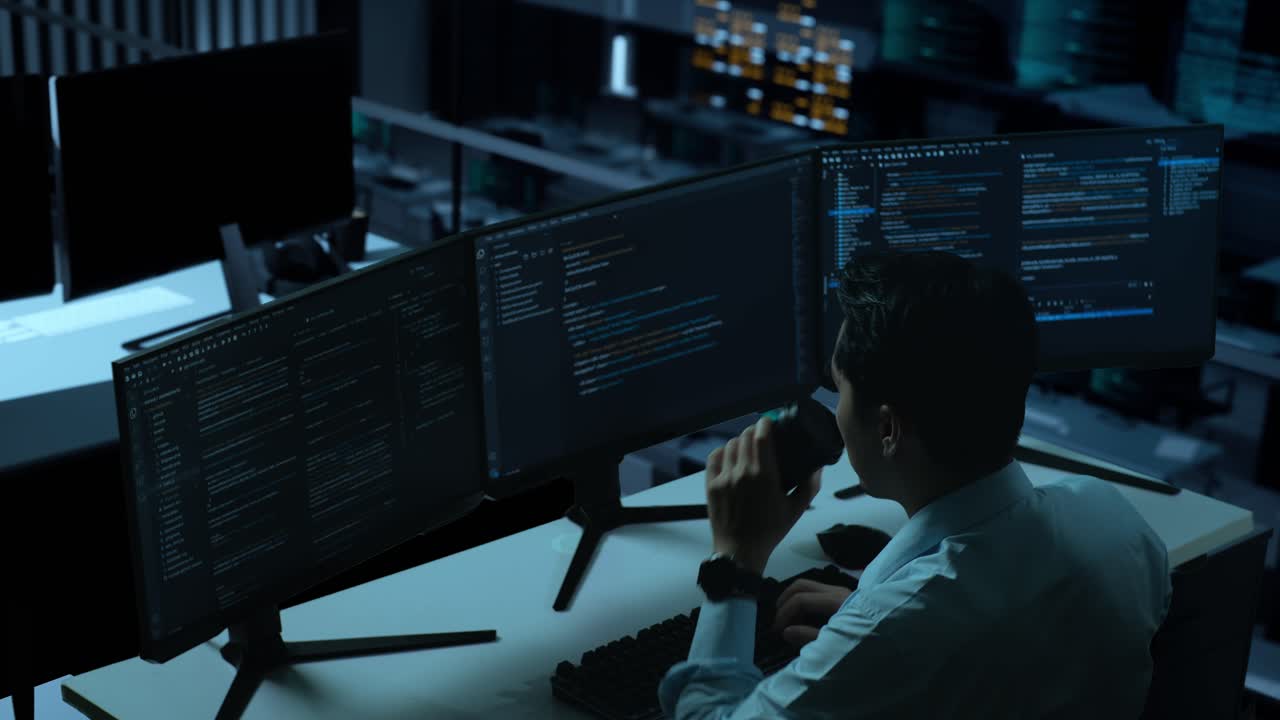 Side View Of Asian Man Developer Drinking Coffee And Using Computer To Write Code With Multiple Screens In The Office