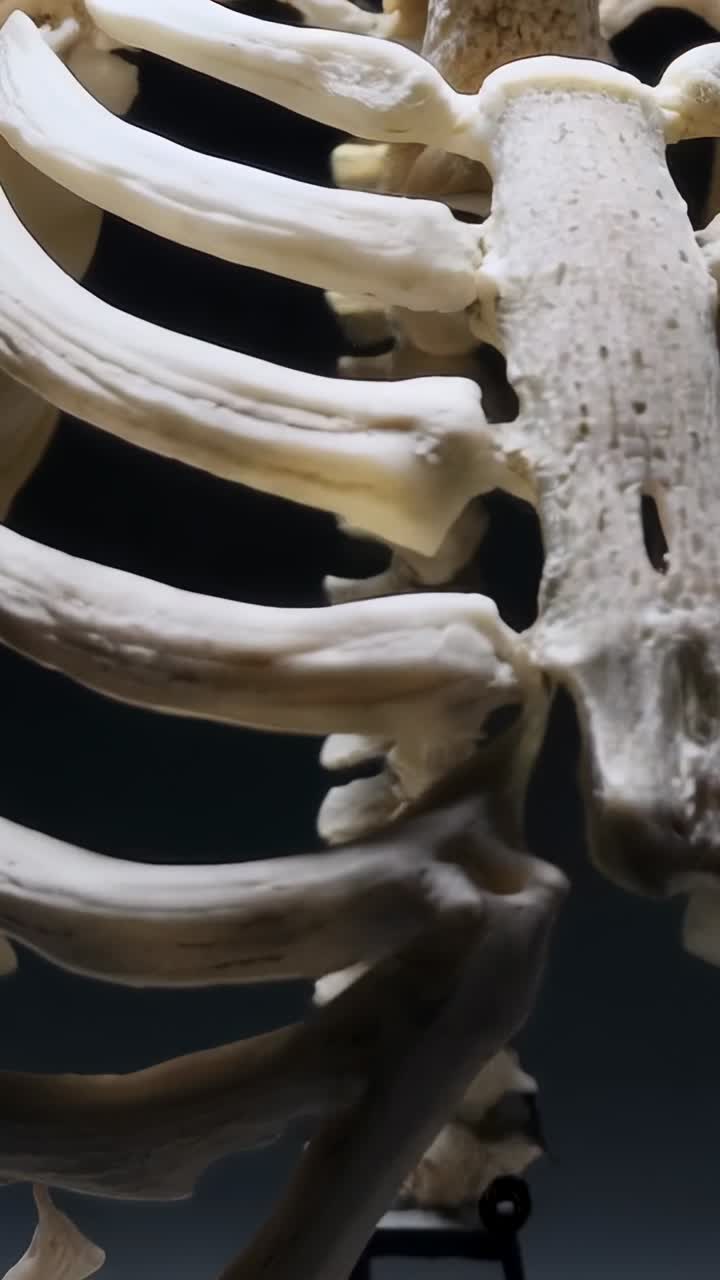 Vertical video: Panning camera from right view and closing in on ribcage and spine to show texture
