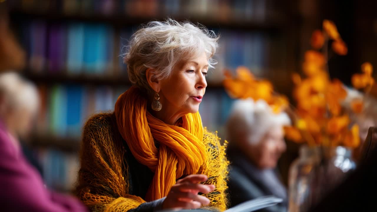 A Thoughtful Moment: A Senior Woman in a Cozy Library, Draped in a Warm Orange Scarf, Enjoying a Quiet Afternoon Surrounded by Books and Autumn Decor Featuring Yellow Flowers