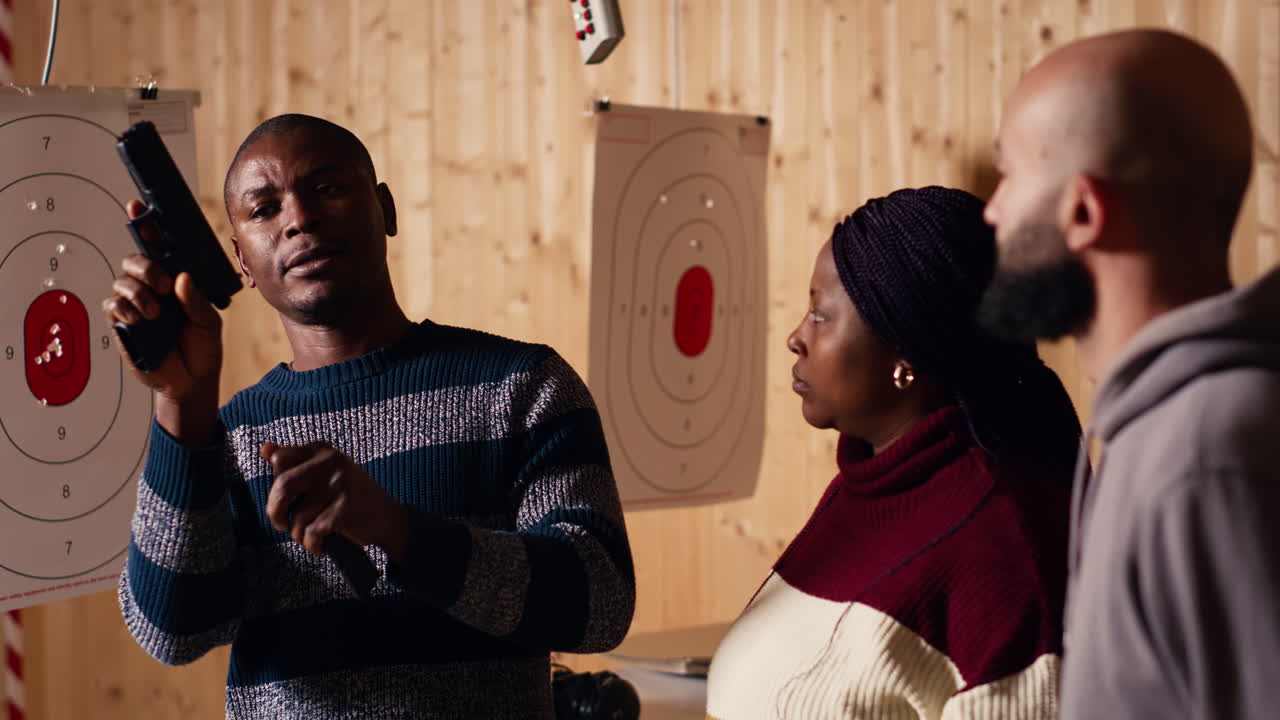 사격장 전문가가 고객에게 무기 예절을 가르니다.