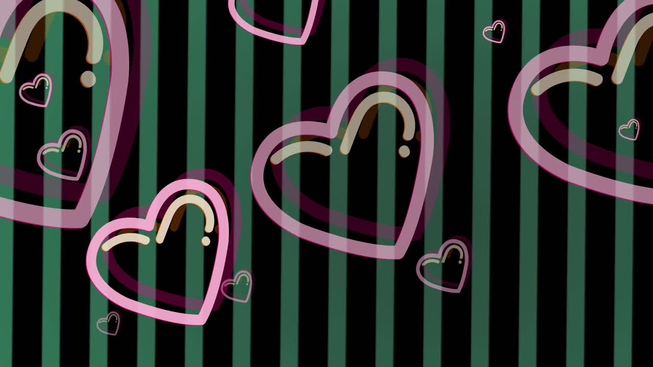 검은 바탕의 초록색 줄무 ⁇  위에 움직이는 분홍색 심장의 애니메이션