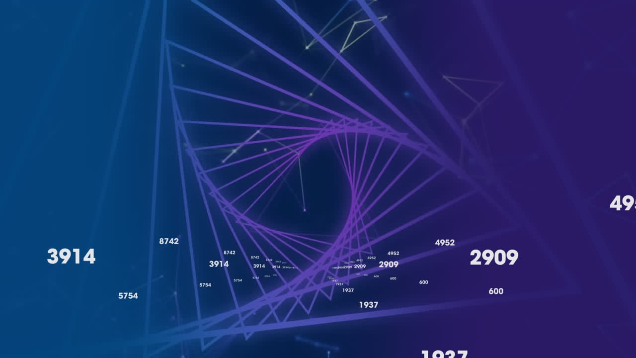 Animation of geometric shape forming tunnel with changing numbers over connected dots triangles