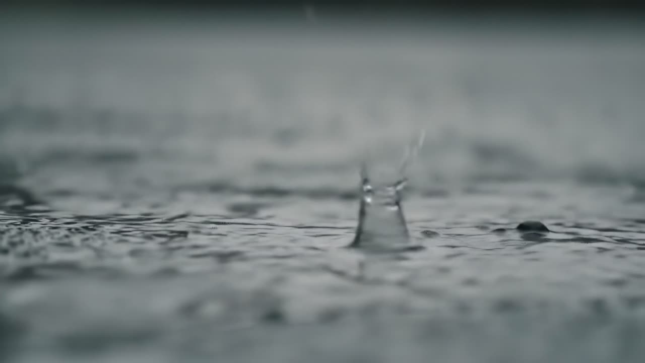 Soft droplets of rain splash onto a calm surface, creating gentle ripples in a serene outdoor environment. The soothing sounds enhance the peaceful atmosphere during this rainfall.