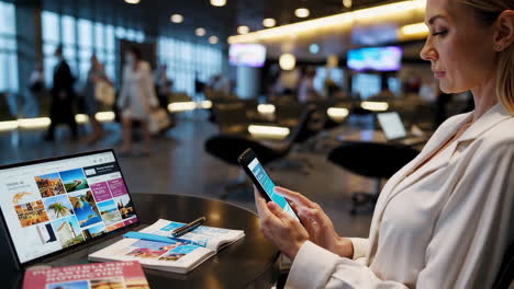 woman working with laptop and smartphone in a modern lounge