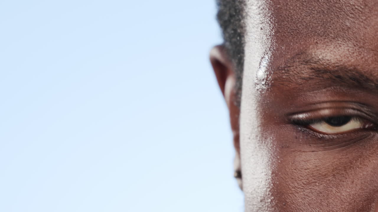 Man, eye and question in studio with closeup