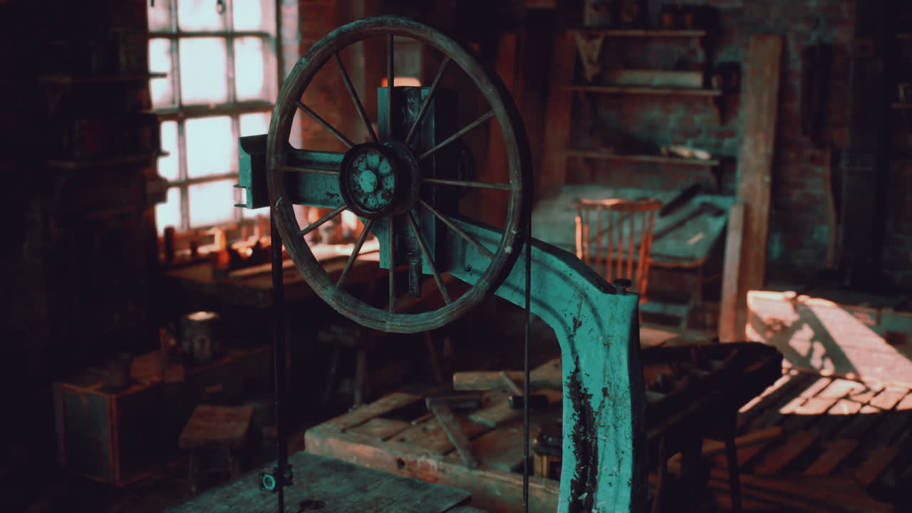Old carpentry workshop with vintage tools and machinery in rustic setting