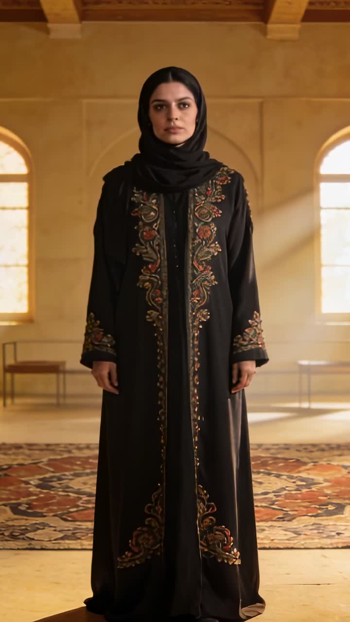 Video verticale: Donna in posa immobile mentre la telecamera zooma, rivelando abaya, hijab e tappeto in una sala illuminata dal sole.