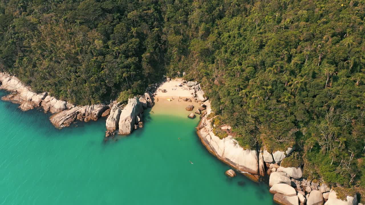 Vista aerea di una spiaggia tropicale soleggiata situata a Santa Catarina, Brasile.