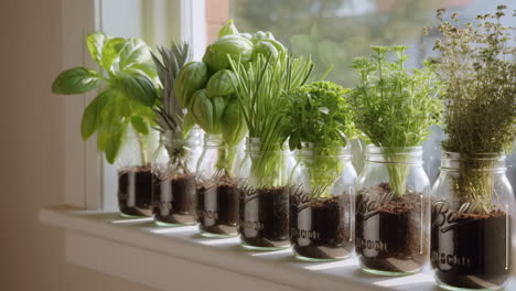 fresh herbs growing in mason jars on a sunny windowsill