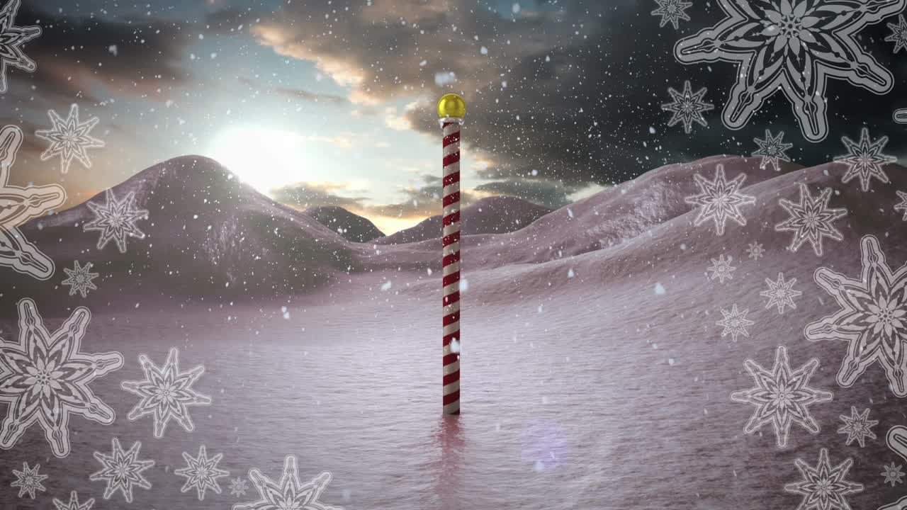 copos de nieve que forman un marco contra la nieve que cae sobre el polo norte en el paisaje de invierno