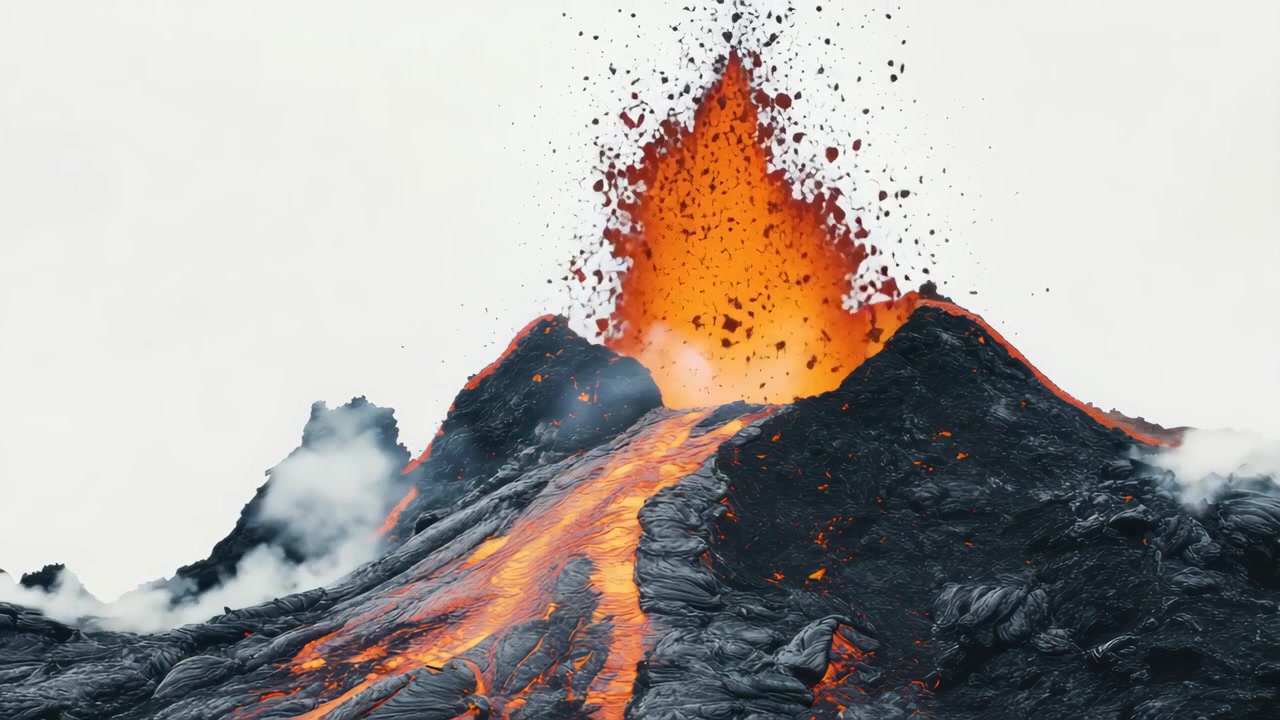 Potente eruzione vulcanica con una colata di lava arancione brillante.