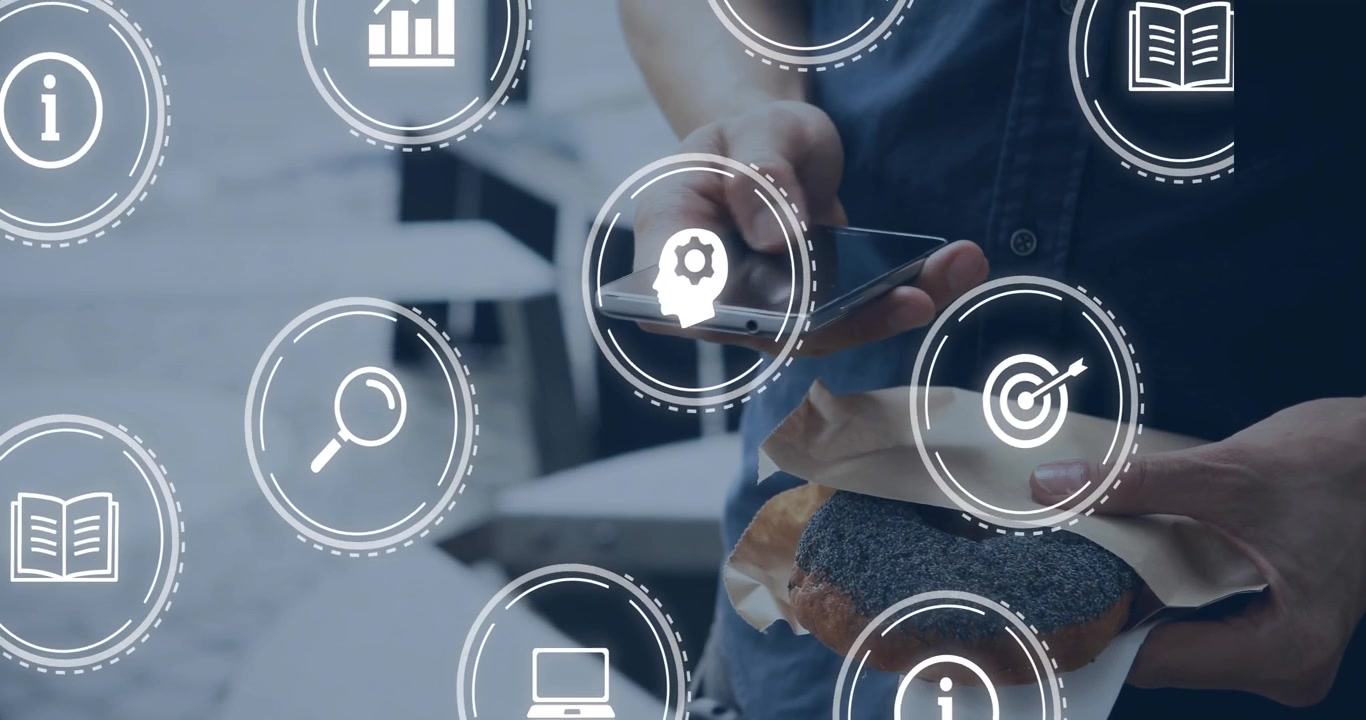 Uomo che sposta l'involucro di un bagel e tocca il telefono mentre evoca icone tecnologiche sopra il busto per accedere ai dati