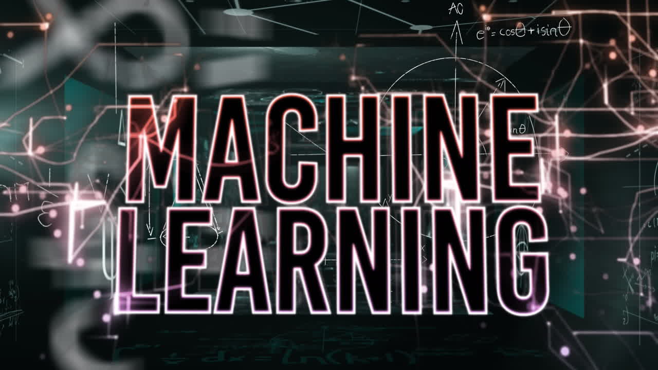 Animation of machine learning text banner light trails against screens with mathematical equations