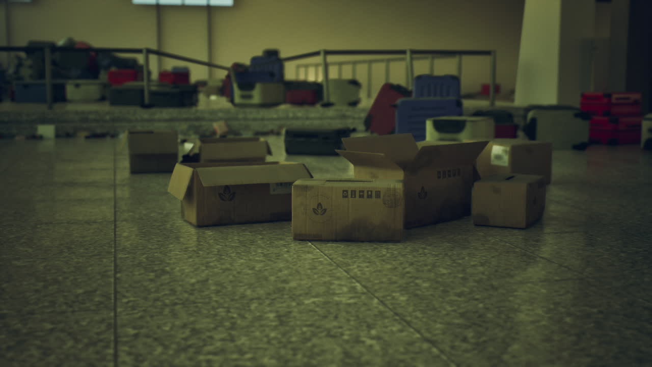 타일 바닥 에 있는 빈 카드보드 상자 들