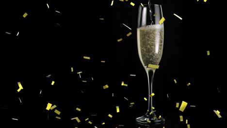 Animation-of-champagne-pouring-into-glass,-with-gold-confetti-falling-on-black-background