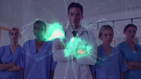 Animation-of-globe-of-connections-and-light-trails-over-diverse-doctors