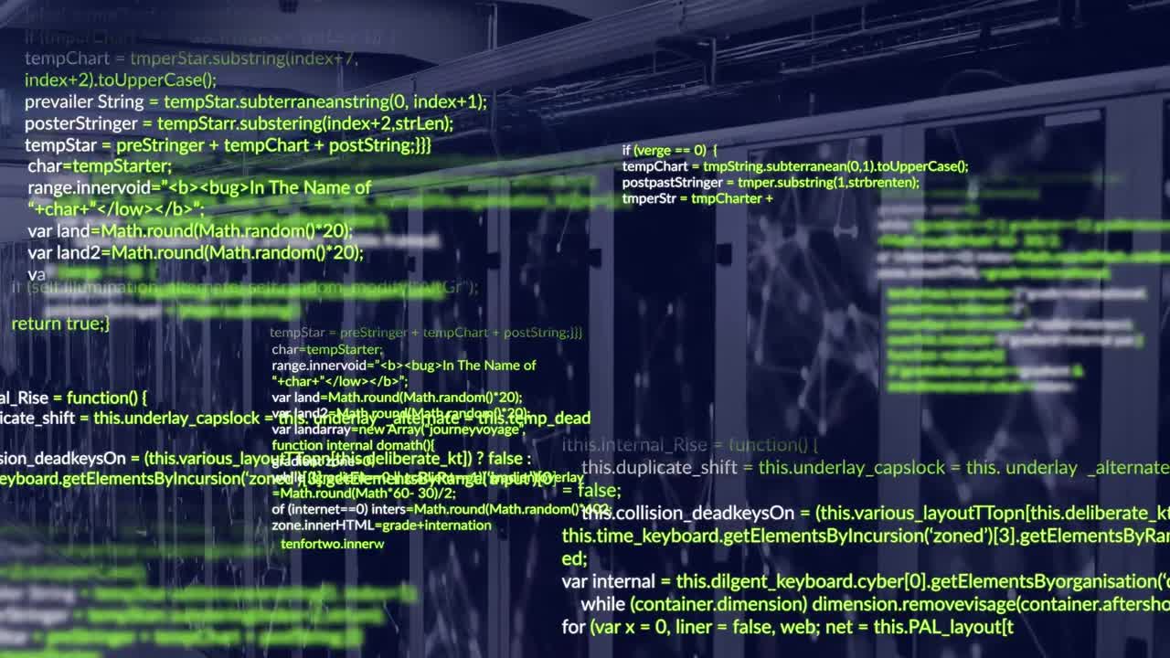animação do processamento de dados e rede de conexões contra a sala de servidores de computadores