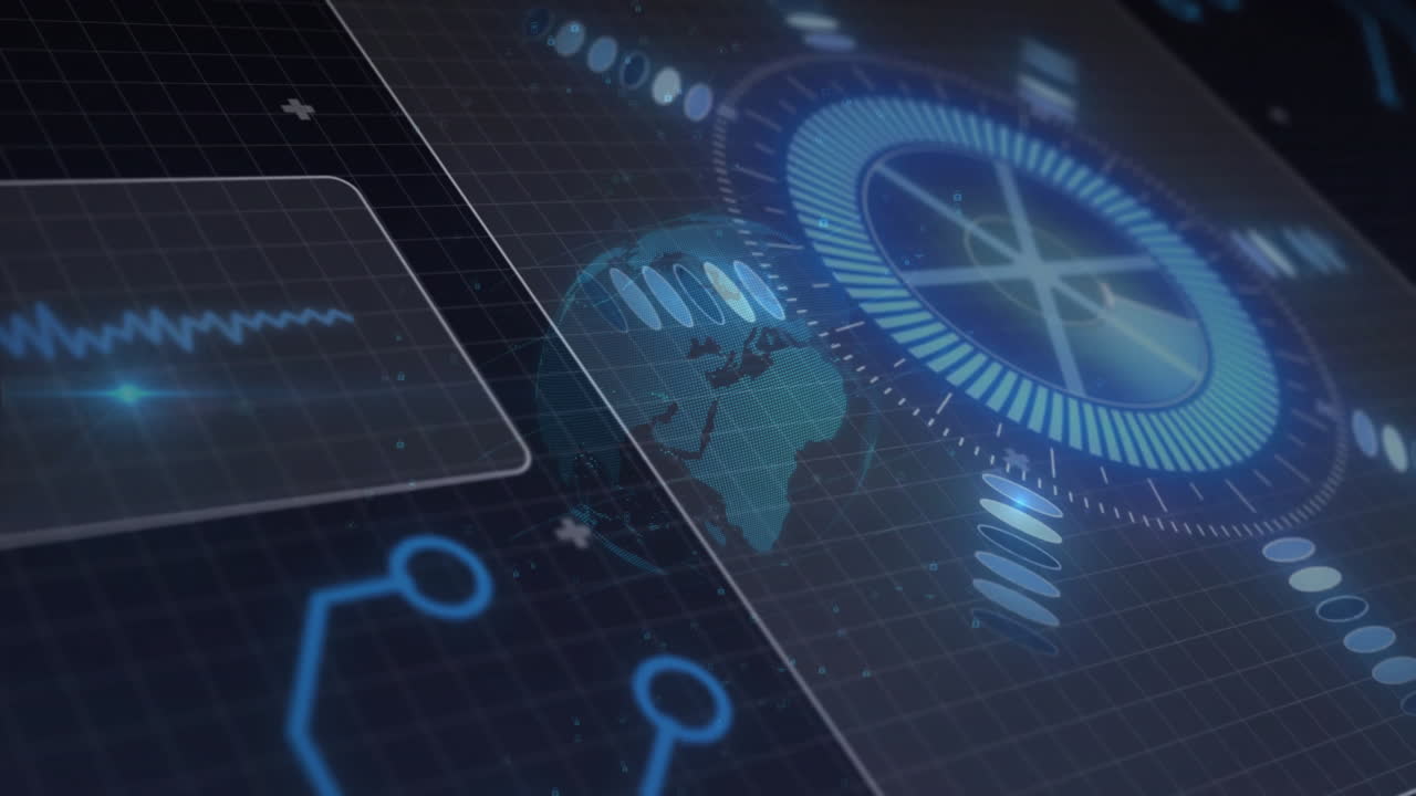 Displaying holographic circular gauge spinning over grid, showing rotating globe and waveform data