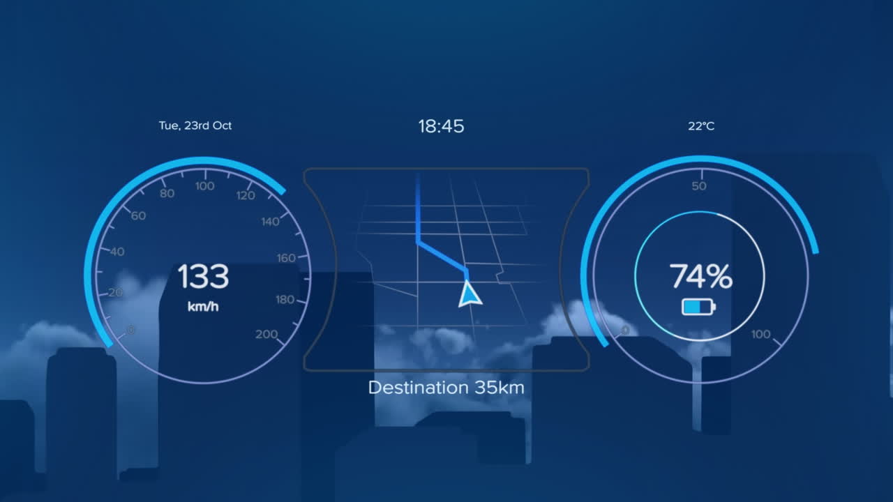 Animation of speedometer, arrow on navigation pattern and number in circles over buildings