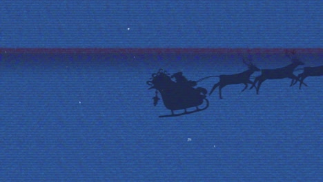 Animation-of-interference-over-santa-claus-in-sleigh-with-reindeer-on-blue-background-at-christmas