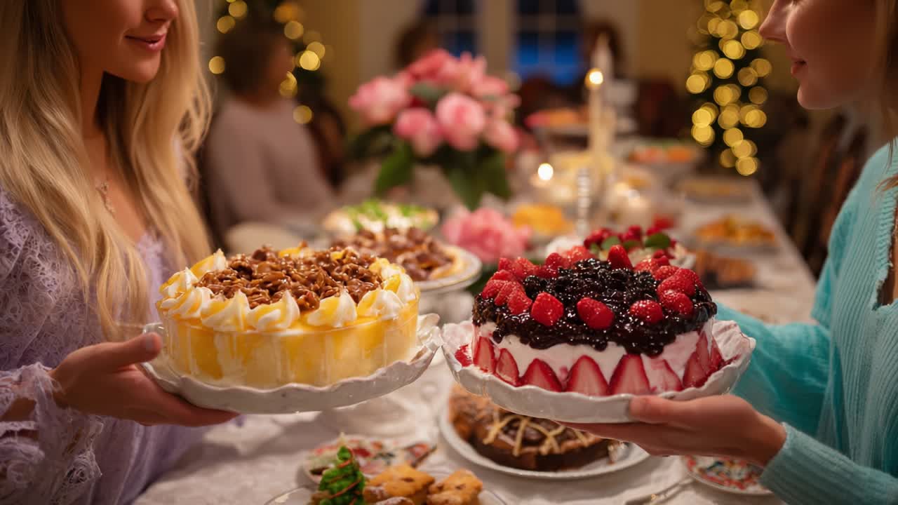 Delightful Gathering of Friends Celebrating with Beautifully Decorated Cakes at a Festive Table, Surrounded by Tasty Treats and Warm Ambiance, Perfect for Any Special Occasion and Sweet Moments Together
