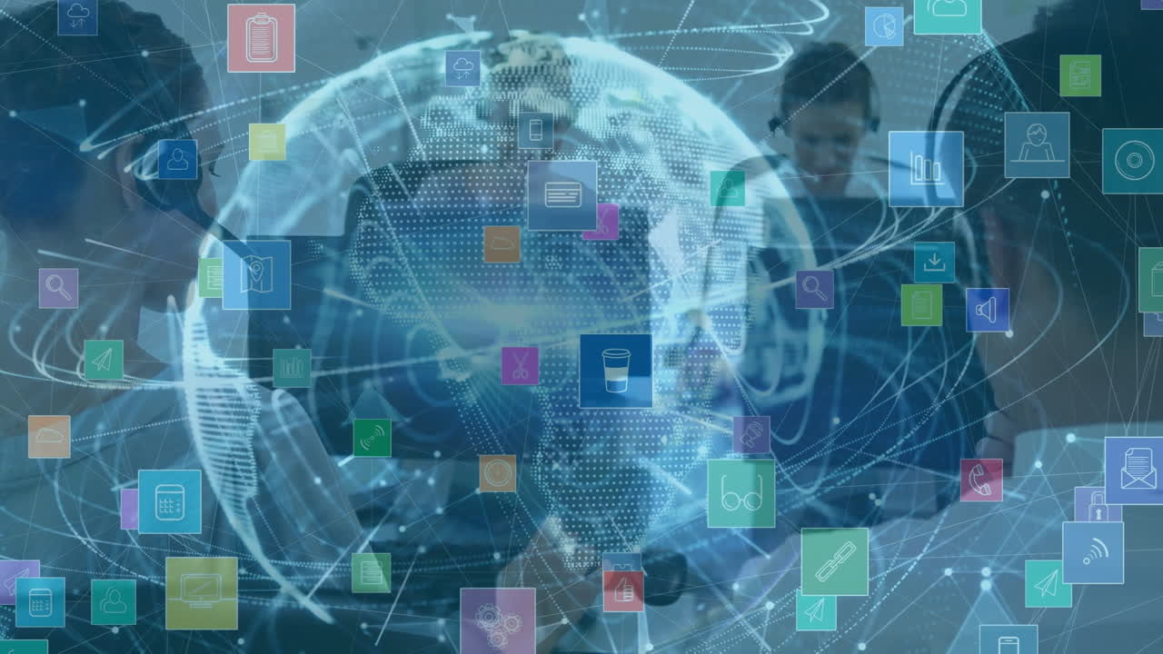 Animation of network of connections with icons over business people using phone headsets