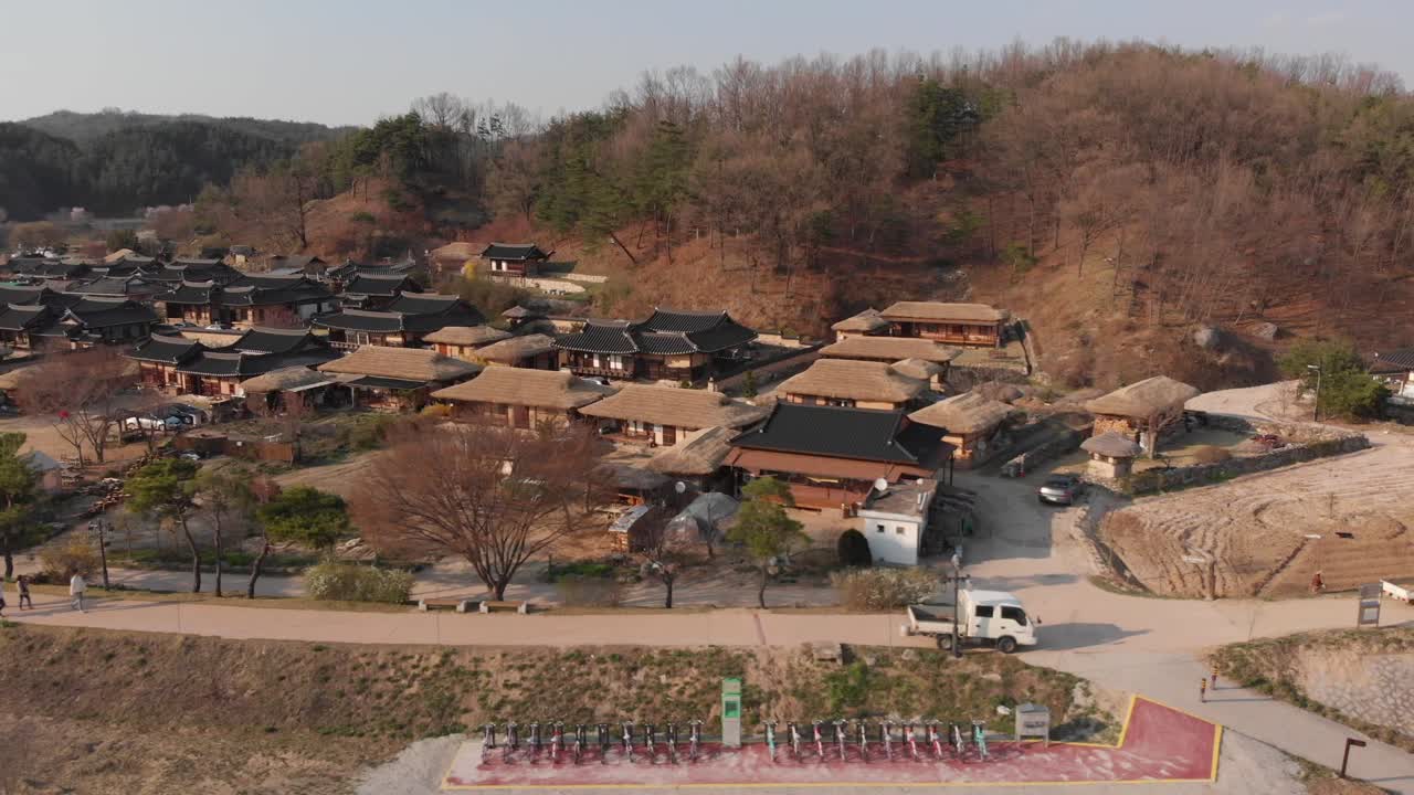 Korean traditional village aerial lateral slide view