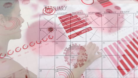 코로나 바이러스 디지털 인터페이스에 대한 여성 달력 표기