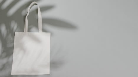 sombra de hoja moviéndose sobre bolsa blanca en fondo gris, espacio de copia, cámara lenta