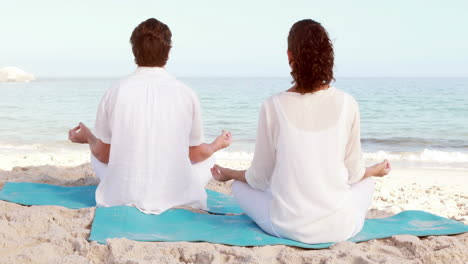 Peaceful-couple-meditating-in-lotus-pose-at-the-beach