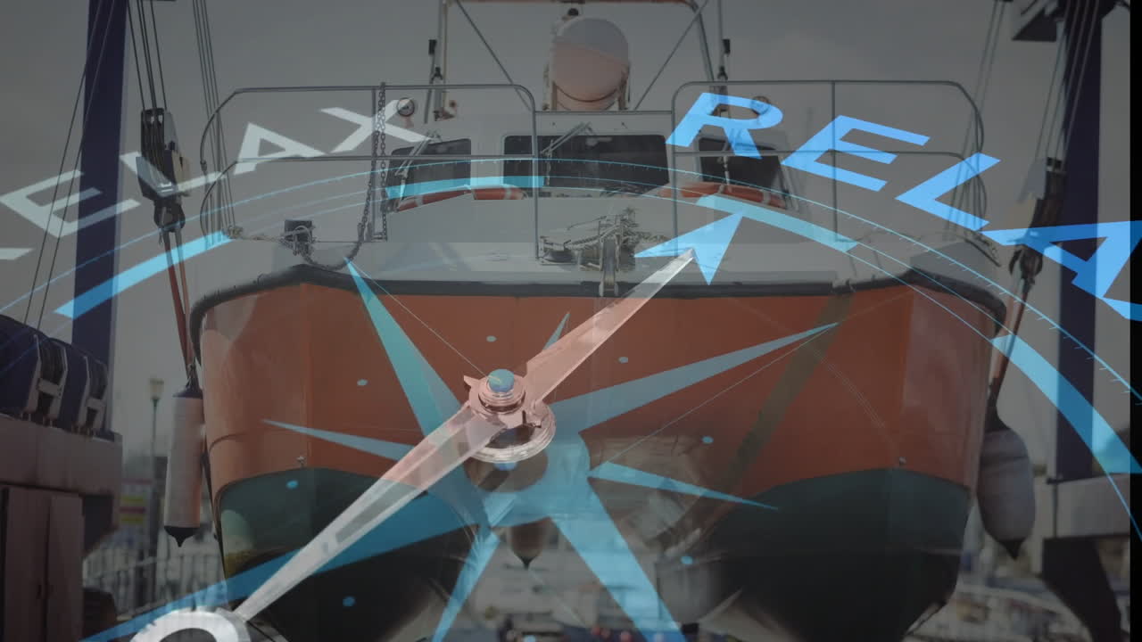 조선소 위에 편안한 텍스트와 함께 나침반의 애니메이션