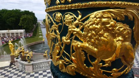 tracking shot showing grand palace fountains and sculptures park in peterhof, saint petersburg, russia