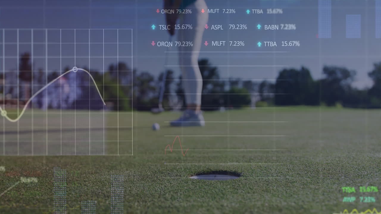 female golfer lining up putt on putting green, overlaying financial charts and stock ticker