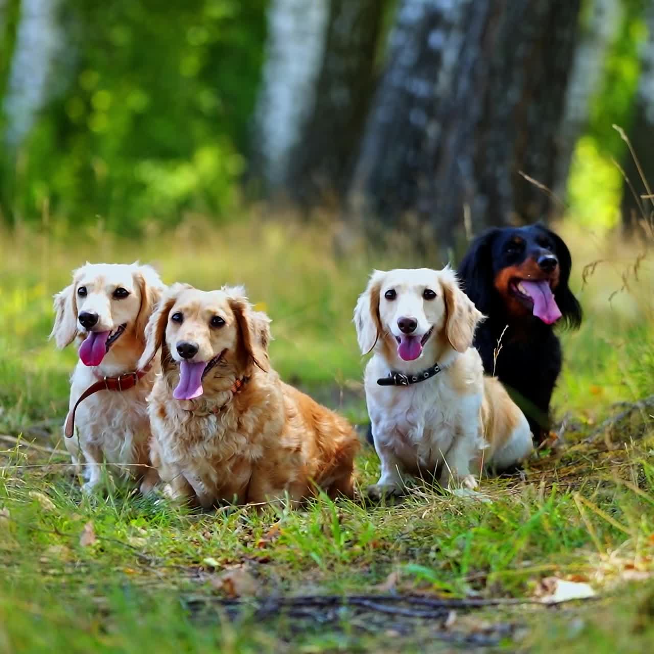 Lovely dogs on grass. Four domestic pet animals resting outdoors. Portraits of adorable dogs breath with sticking out tongues on green nature background.