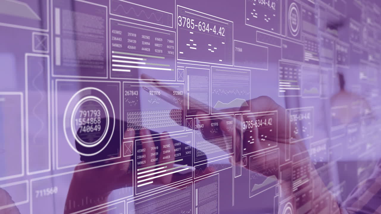 Interacting with data processing animation, hands touching digital interface