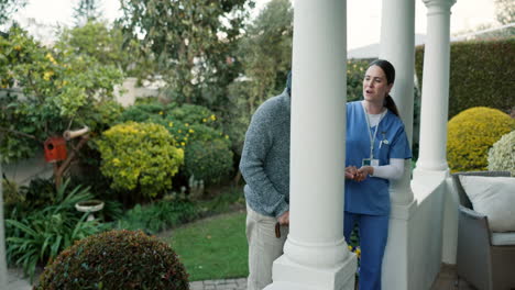 walking, senior man and caregiver helping patient