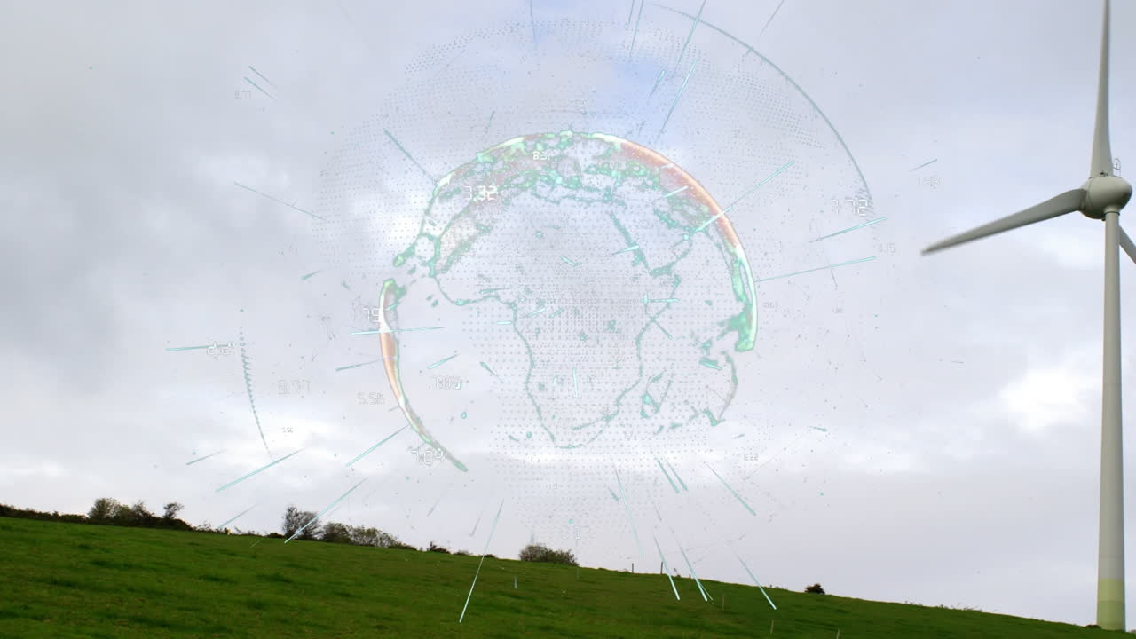 анимация глобуса с обработкой данных над ветровой турбиной