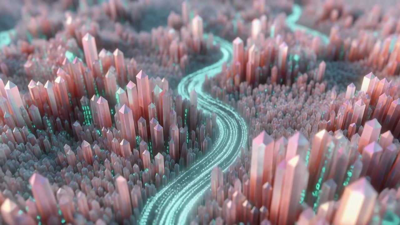 Abstract Digital Data Flow Through a Crystal Landscape