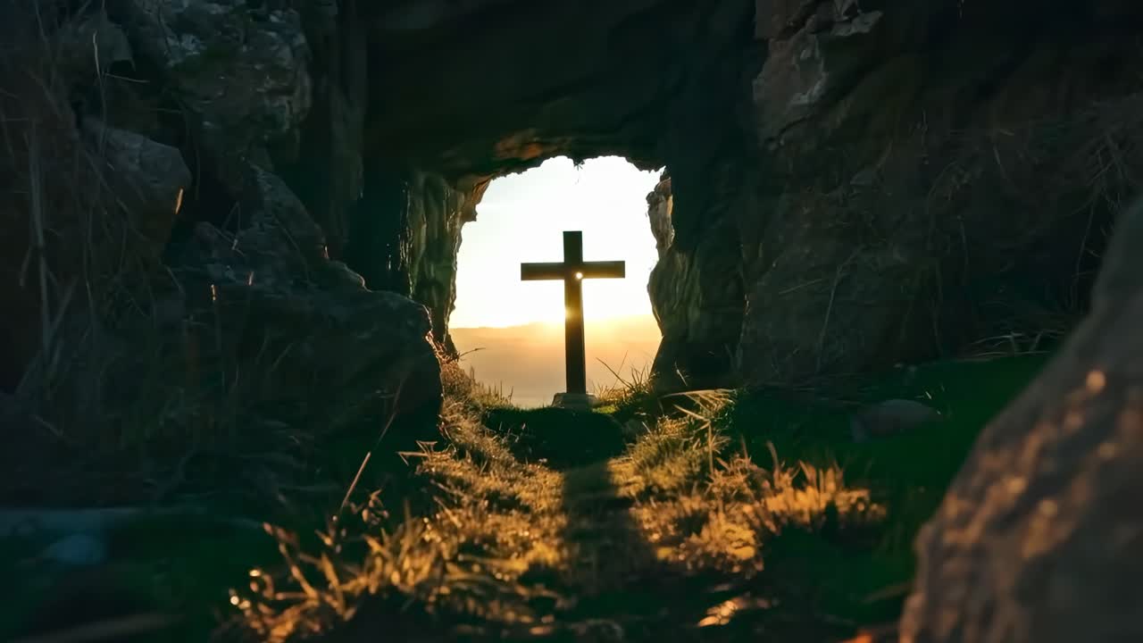 A cross silhouetted against a sunrise, viewed from a low angle inside a cave