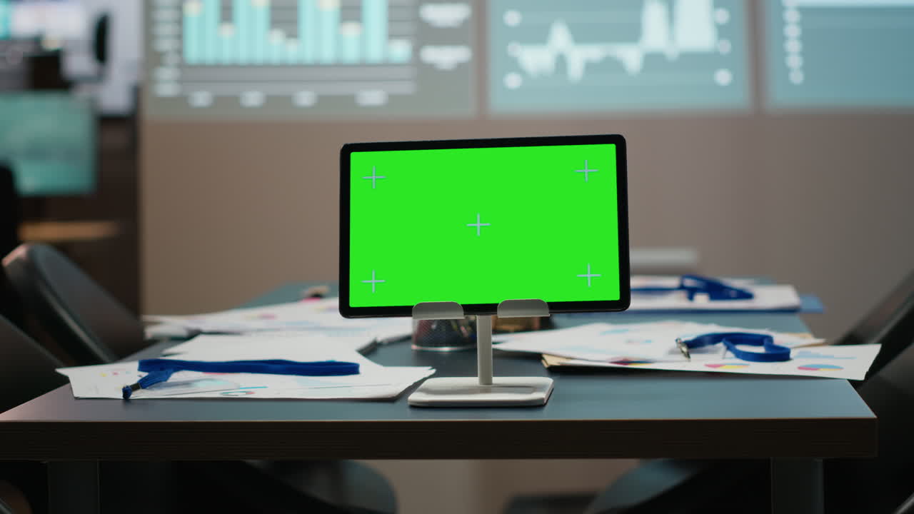 Empty office displays tablet with copy space mockup and other visual projections