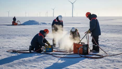 workers conducting ice testing procedures in a cold environment near turbines, utilizing equipment to assess and analyze surface conditions and ice stability