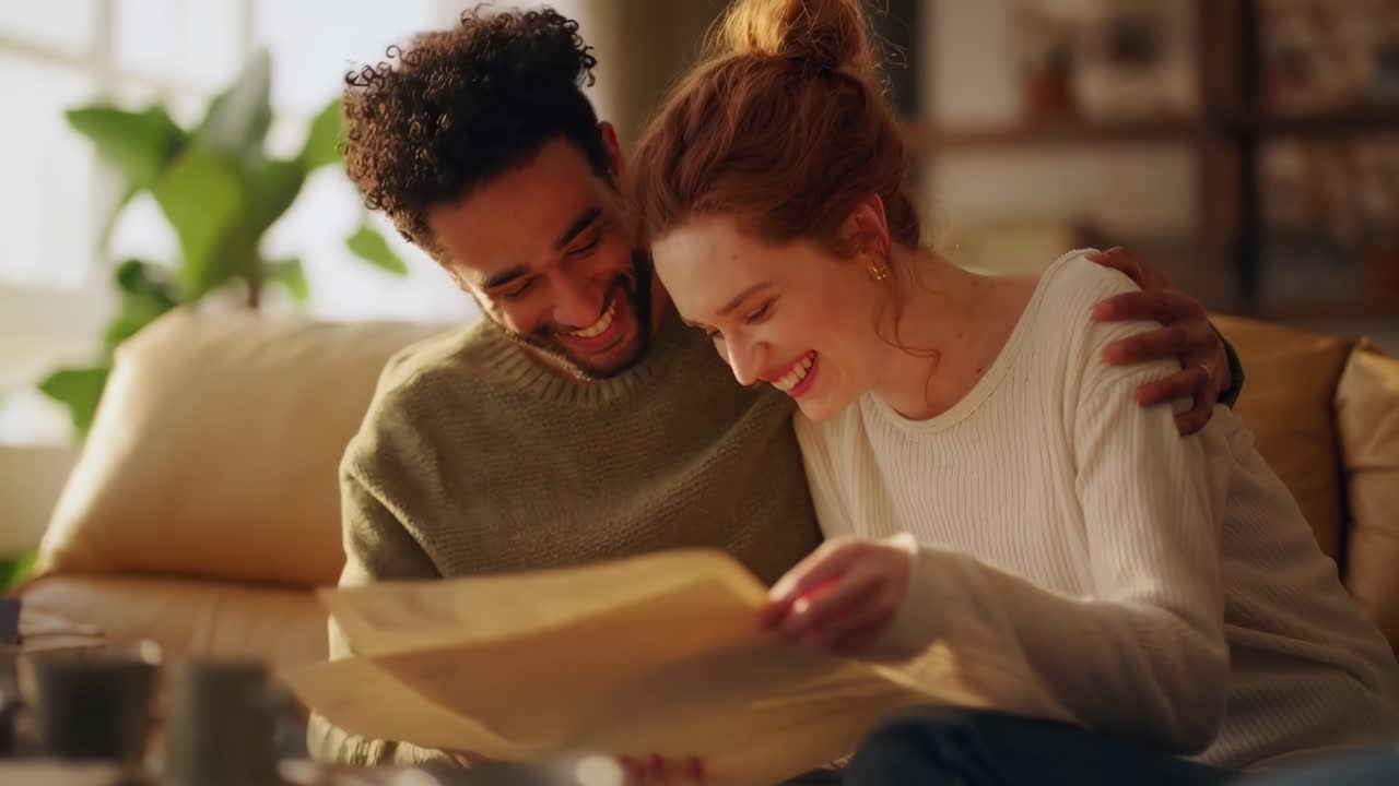 Una scena video accogliente di una coppia che legge felicemente una lettera, ripresa da un angolo laterale