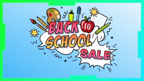 Composition-of-text-back-to-school-sale,-on-cloud-with-school-equipment-items,-on-blue