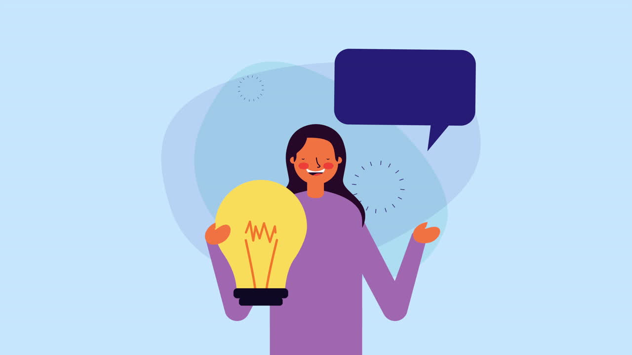 joven mujer de negocios hablando con la luz de la bombilla