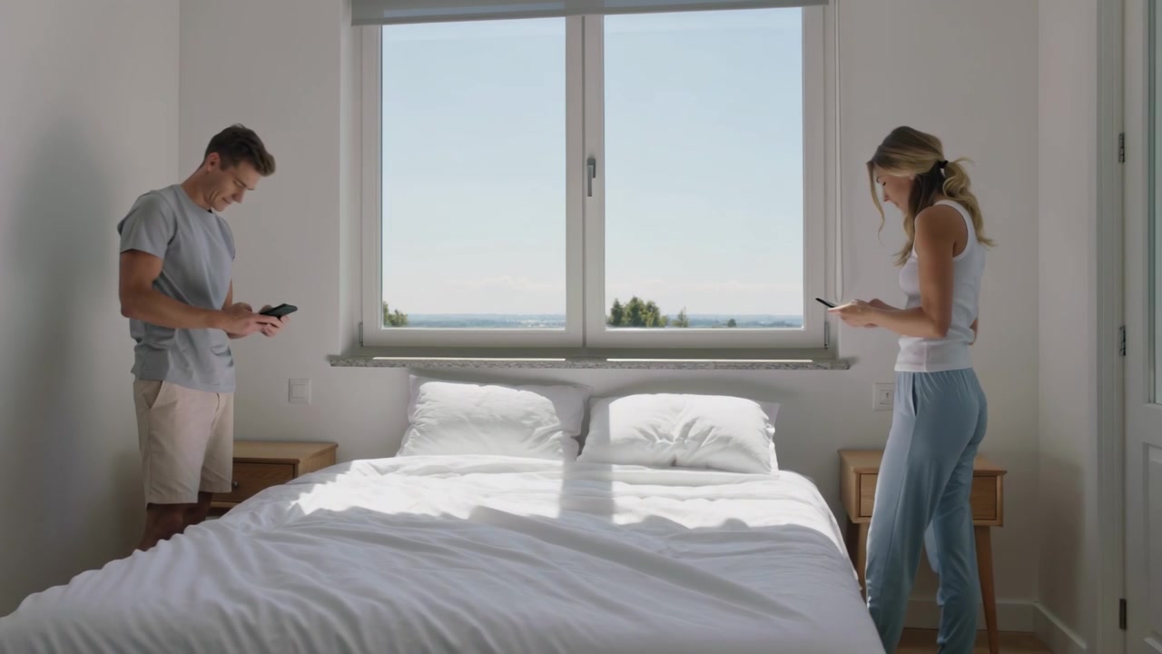 Bed opmaken terwijl zonlicht door het raam stroomt, stel pakt telefoons op, draagt korte broek en hemdje.