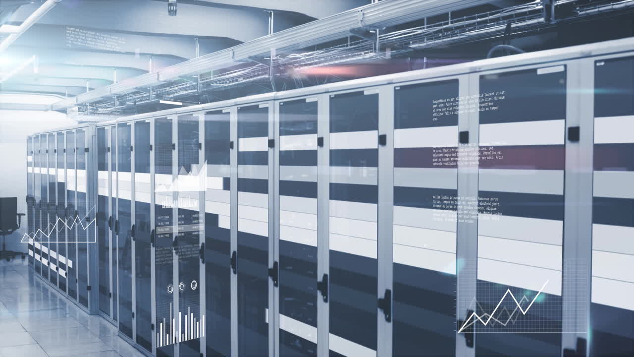 Server room with data processing animation overlaid on racks and graphs
