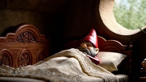 gnome sleeping in a bed