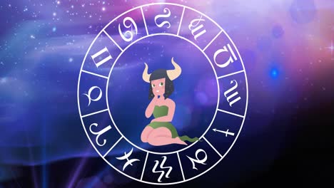 animation of taurus star sign with horoscope wheel spinning over stars on blue to purple background