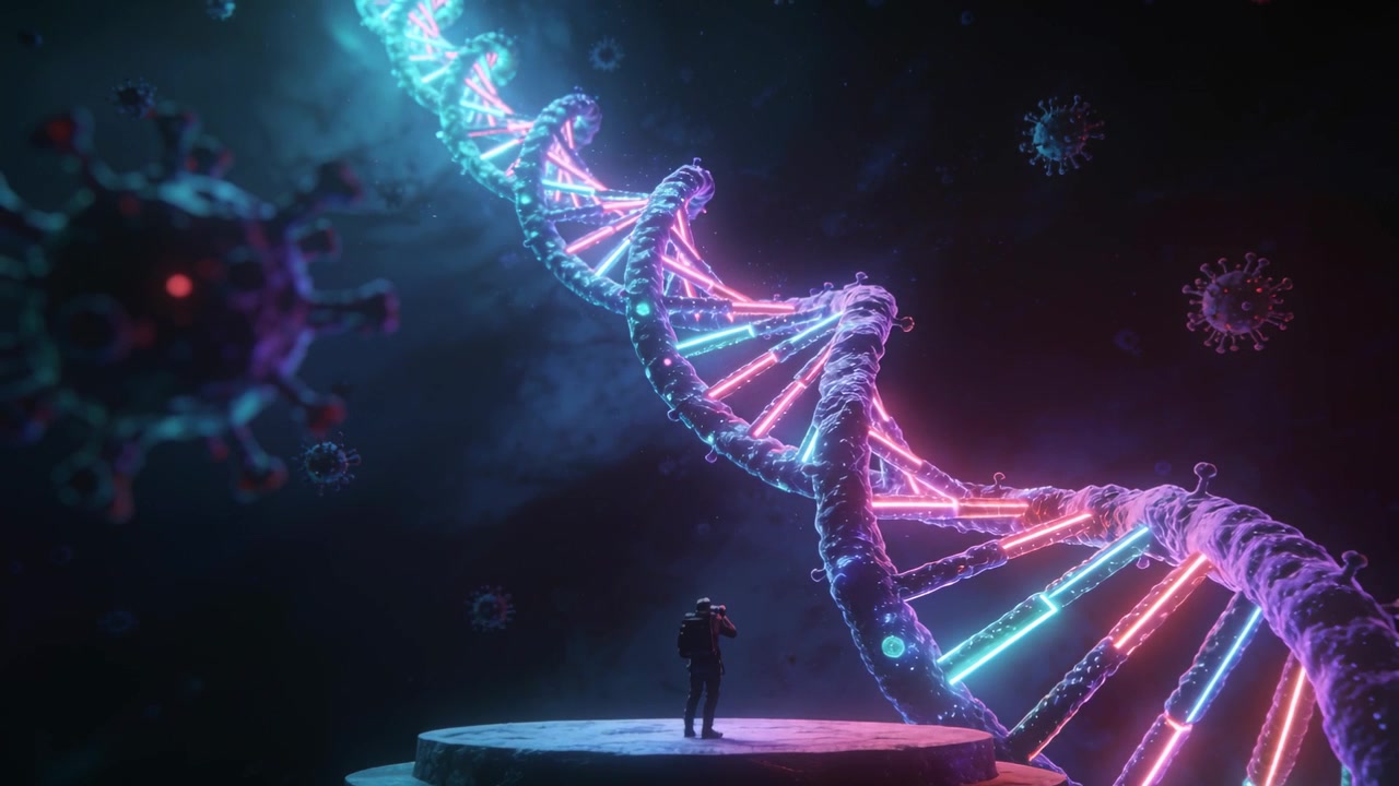 Reagendo a un'elica luminosa, una figura in abito scansiona DNA al neon su un palco con uno scanner tra i virus.